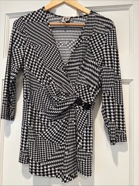 Anne Klein Black & White Houndstooth Long-Sleeve Wrap Dress with Buckle